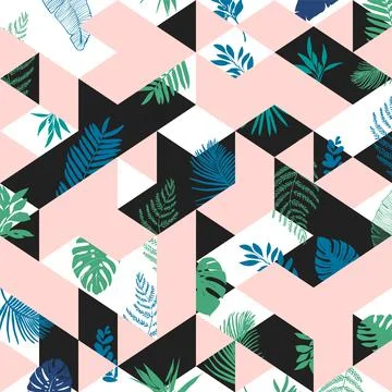 Seamless pattern with leaves and geometric shapes Illustrazione stock