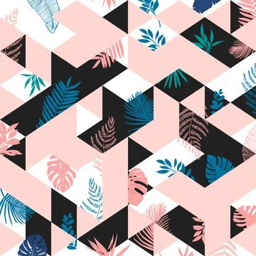 Seamless pattern with leaves and geometric shapes Stock Illustration