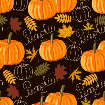 Seamless pattern with leaves and pumpkins. Vector autumn background. Illustrazione stock