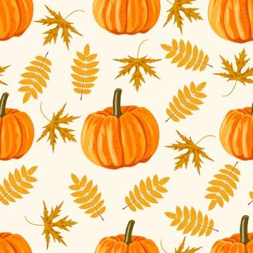 Seamless pattern with leaves and pumpkins. Vector autumn background. Stock Illustration