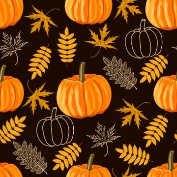 Seamless pattern with leaves and pumpkins. Vector autumn background. Stock Illustration