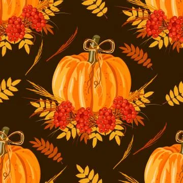 Seamless pattern with leaves and pumpkins. Vector autumn background. 스톡 일러스트