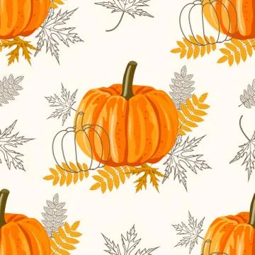 Seamless pattern with leaves and pumpkins. Vector autumn background. Stock Illustration