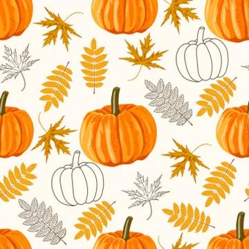 Seamless pattern with leaves and pumpkins. Vector autumn background. Stock Illustration