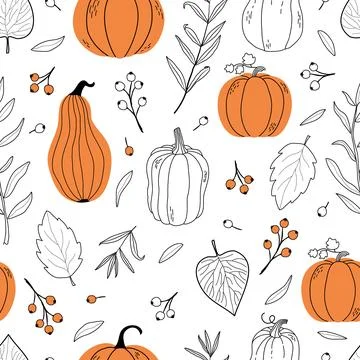 Seamless Pattern with Leaves and Pumpkins イラスト素材