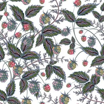 Seamless pattern with leaves and raspberry. Background for your design with Stock Illustration