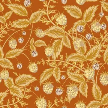 Seamless pattern with leaves and raspberry. Background for your design with Illustrazione stock