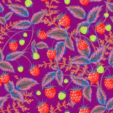 Seamless pattern with leaves and raspberry. Background for your design with Illustrazione stock