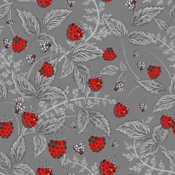 Seamless pattern with leaves and raspberry. Background for your design with Stock Illustration