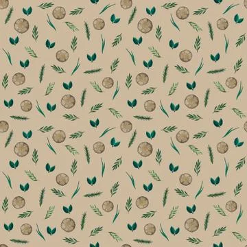 Seamless pattern with leaves and saw cut tree trunk Stock Illustration
