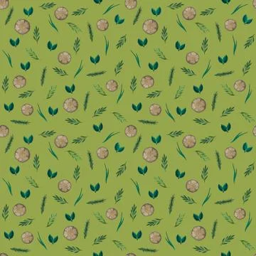Seamless pattern with leaves and saw cut tree trunk Stock Illustration