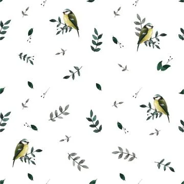 Seamless pattern with leaves and small cute birds. Floral background. Vector Stock-Illustration