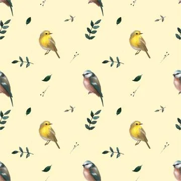 Seamless pattern with leaves and small cute birds. Floral background. Vector Stock Illustration