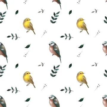 Seamless pattern with leaves and small cute birds. Floral background. Vector Stock Illustration