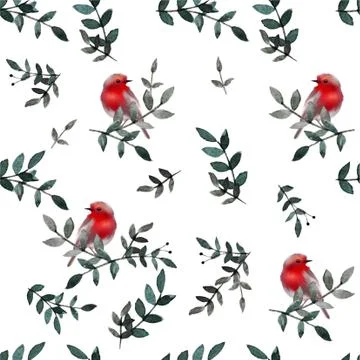 Seamless pattern with leaves and small cute birds. Floral background. Vector Stock Illustration