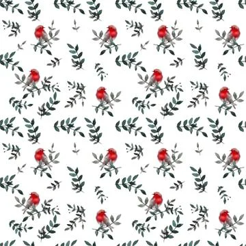 Seamless pattern with leaves and small cute birds. Floral background. Vector Stock Illustration