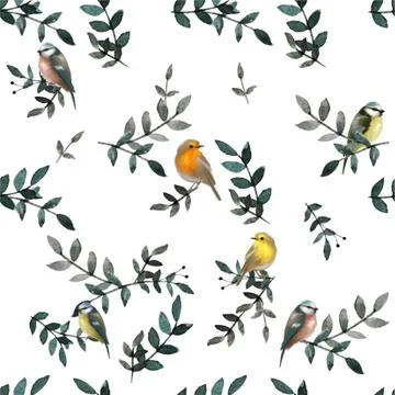 Seamless pattern with leaves and small cute birds. Floral background. Vector Stock Illustration