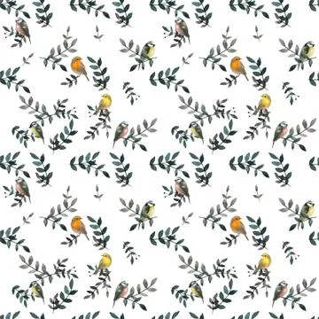 Seamless pattern with leaves and small cute birds. Floral background. Vector イラスト素材