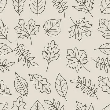 Seamless pattern of leaves in black line art isolated on brown background Stock Illustration