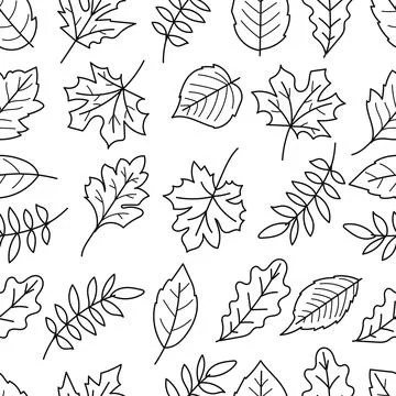 Seamless pattern of leaves in black line art isolated on white background.V.. Illustrazione stock