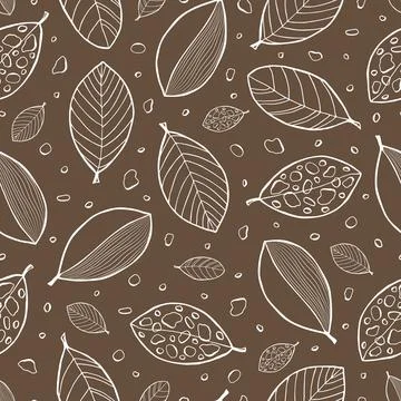 Seamless pattern with leaves in doodle style. Vector hand drawn black line Stock Illustration