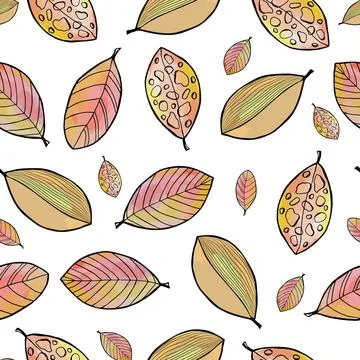 Seamless pattern with leaves in doodle style. Vector hand drawn line design Stock Illustration
