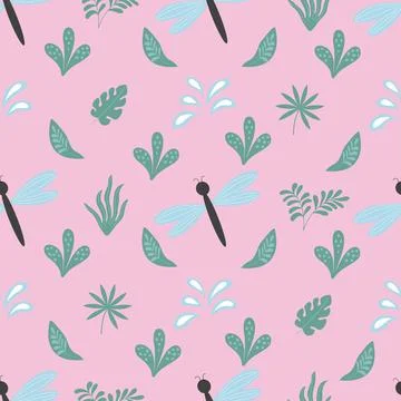 Seamless pattern with a leaves, dragonfly Illustrazione stock