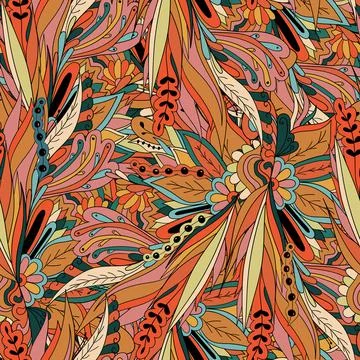 Seamless pattern of leaves, flowers and berries. Floral background Stock Illustration