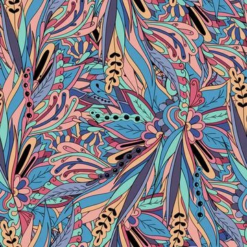 Seamless pattern of leaves, flowers and berries. Floral background Stock Illustration