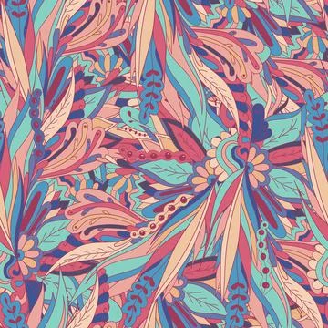Seamless pattern of leaves, flowers and berries. Floral background Stock Illustration