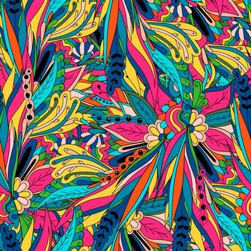 Seamless pattern of leaves, flowers and berries. Floral background Stock Illustration