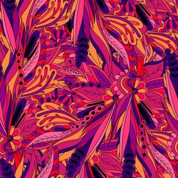 Seamless pattern of leaves, flowers and berries. Floral background Stock Illustration