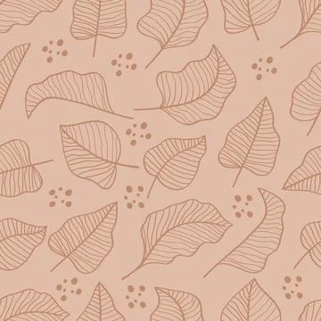 Seamless Pattern Leaves Hand Drawn on Brown Background Botanical Print.Vect.. Stock Illustration