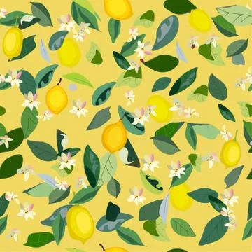 Seamless pattern with leaves, inflorescences and fruits lemon on a yellow bac Stock Illustration