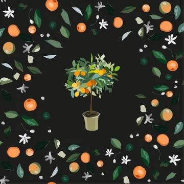 Seamless pattern with leaves, inflorescences and fruits orange tree on a blac Stock Illustration