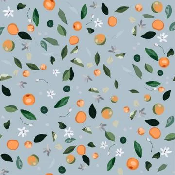 Seamless pattern with leaves, inflorescences and fruits orange tree on a blac Stock Illustration