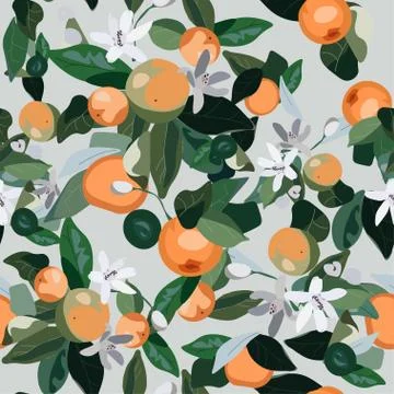 Seamless pattern with leaves, inflorescences and fruits orange on a light gre Stock Illustration