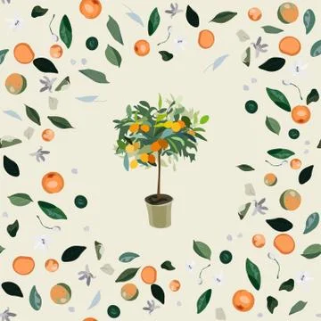 Seamless pattern with leaves, inflorescences and fruits orange tree on a ligh Stock Illustration