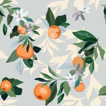 Seamless pattern with leaves, inflorescences and fruits orange on a light gre Stock Illustration