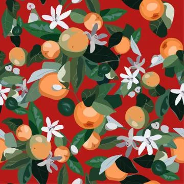 Seamless pattern with leaves, inflorescences and fruits orange on a red backg Stock Illustration