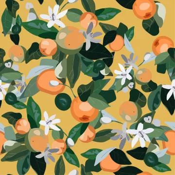 Seamless pattern with leaves, inflorescences and fruits orange on a yellow ba Stock Illustration