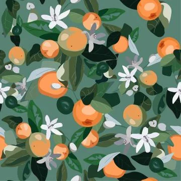 Seamless pattern with leaves, inflorescences and fruits orange on a aquamarin Stock Illustration
