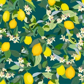 Seamless pattern with leaves, inflorescences and fruits lemon on a light grey Stock Illustration
