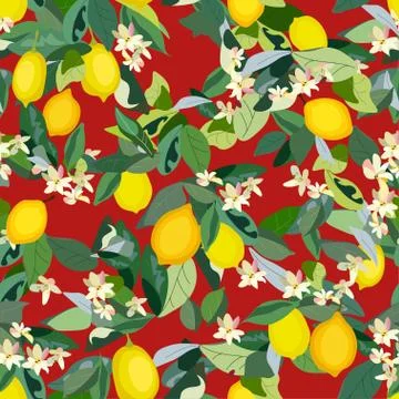 Seamless pattern with leaves, inflorescences and fruits lemon on a light grey Stock Illustration