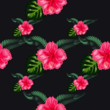 Seamless pattern of leaves monstera, flowers, tropical leaves of palm tree. Stock Illustration
