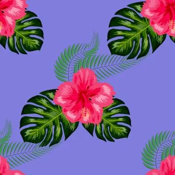 Seamless pattern of leaves monstera, flowers, tropical leaves of palm tree. Stock Illustration