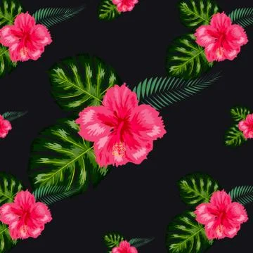 Seamless pattern of leaves monstera, flowers, tropical leaves of palm tree. Illustrazione stock