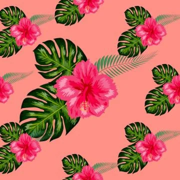 Seamless pattern of leaves monstera, flowers, tropical leaves of palm tree. Stock Illustration