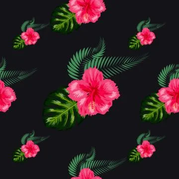 Seamless pattern of leaves monstera, flowers, tropical leaves of palm tree. Stockillustratie