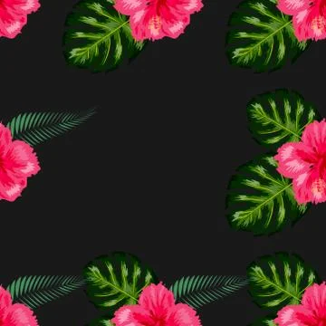 Seamless pattern of leaves monstera, flowers, tropical leaves of palm tree. Stock-Illustration